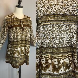 Vtg Indian Cotton Tunic Blouse Keyhole Neck Butterfly Print Wide Sleeve One Size